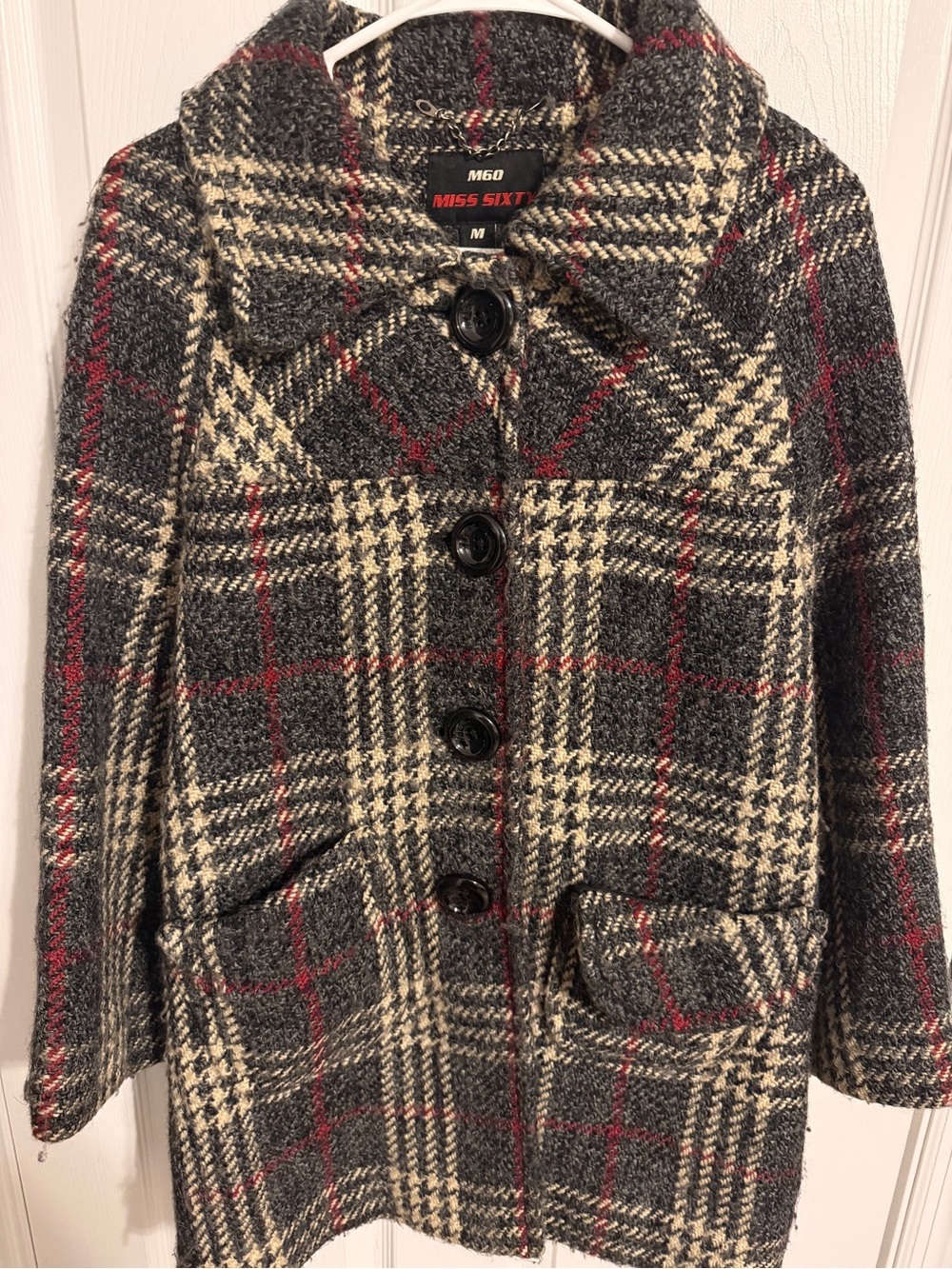 Miss Sixty Gray Plaid Wool-Blend Pea Coat with Red and Cream Accents